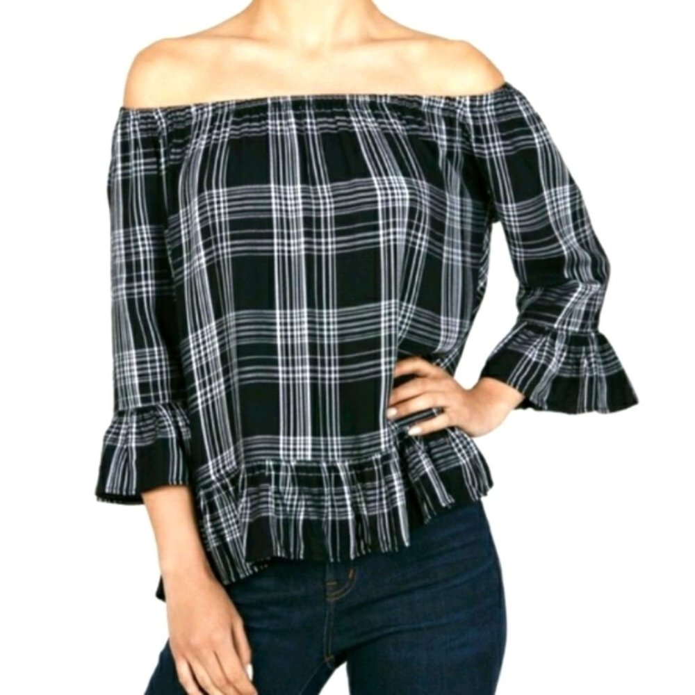 Beach Lunch Lounge Off Shoulder Black & White Plaid Ruffle Trim Top Sz S
